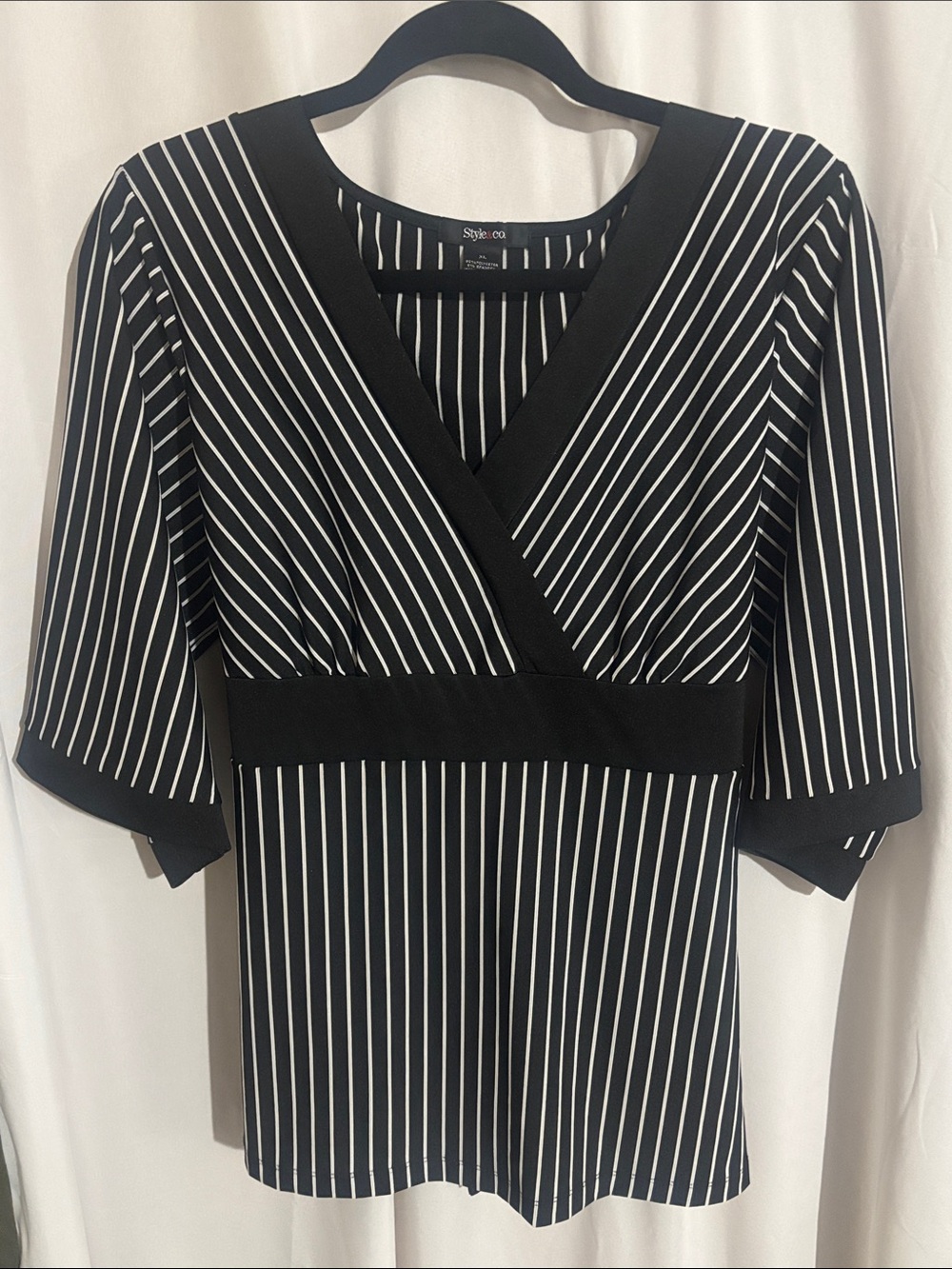 Style & Co. Black and White Striped V-Neck Wrap Blouse